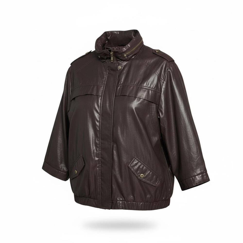 Chico's Brown Waxed Shiny 3/4 Sleeve Bomber Jacket, Size 2 (US 12) - Picture 5 of 8